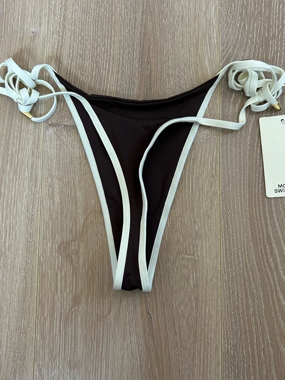 NWT New Monday Swimwear Cala Roja Top and Palma Thong in Espresso/Ivory Size S